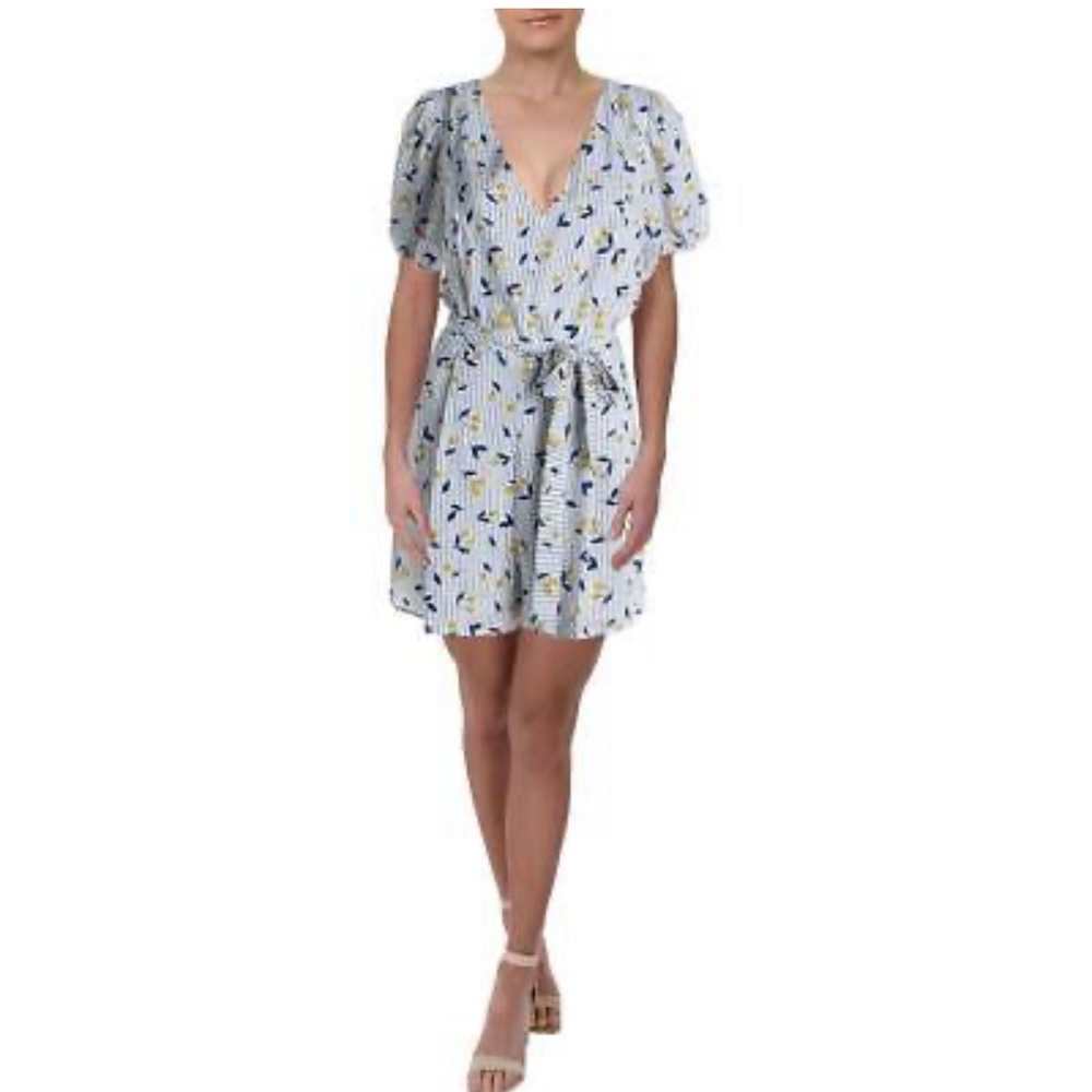 NWT Aqua Womens White Printed Puff Sleeve V-Neck Romper sz XS